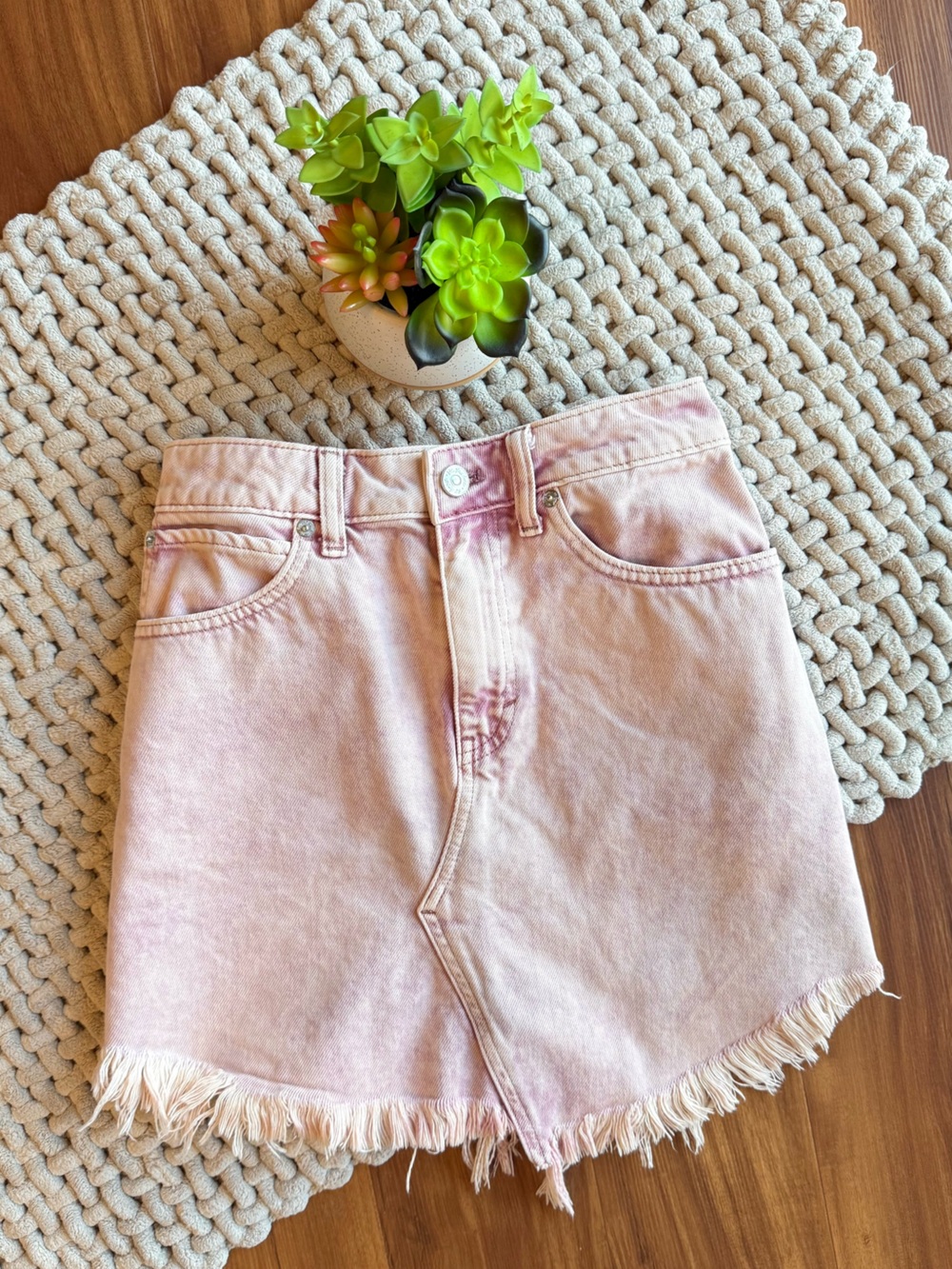 We The Free | Free People Bailey Denim High Low Frayed Hem Mini Skirt Pink | 25